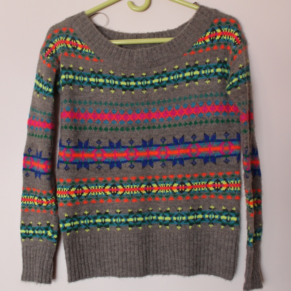 Taupe Grey A&E Knit Crewneck Sweater with Neon Striped Nordic Print